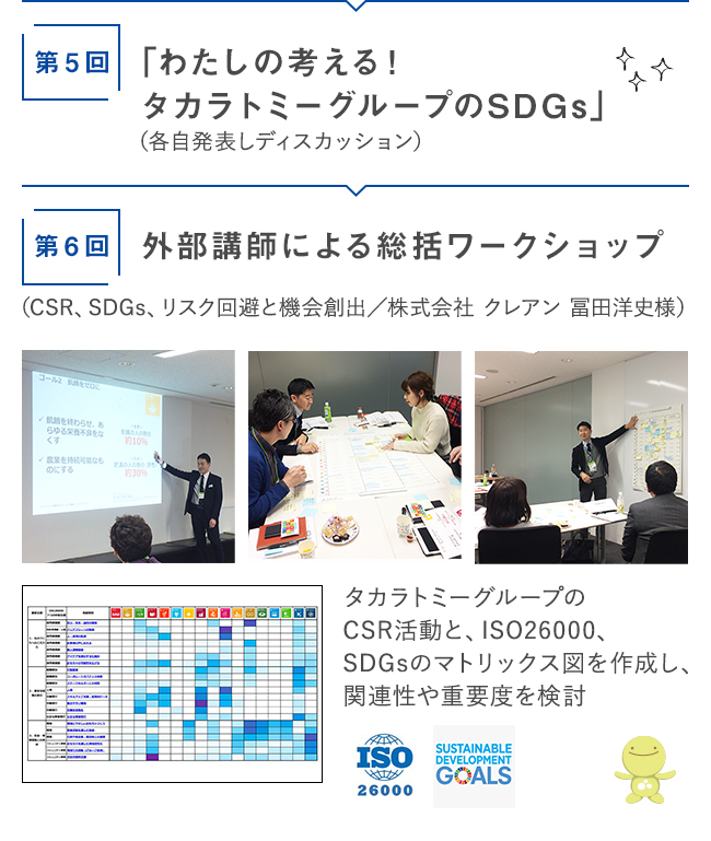 第5回 「わたしの考える！タカラトミーグループのSDGs」を各自発表しディスカッション 第6回 外部講師による総括ワークショップ（CSR、SDGs、リスク回避と機会創出/株式会社クレアン 冨田様）