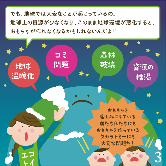 でも、地球では大変なことが起こっているの。地球上の資源が少なくなり、このまま地球環境が悪化すると、おもちゃが作れなくなるかもしれないんだよ!!